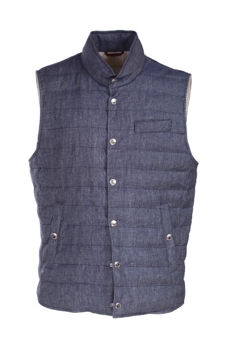 Shop BRUNELLO CUCINELLI  Gilet: Brunello Cucinelli gilet leggero in twill di lino e cotone.
Chiusura con bottoni automatici.
Collo in piedi.
Fodera in nylon idrorepellente.
Taschino su petto.
Tasche basse con bottone automatico.
Imbottitura: 90% piumino d'oca, 10% piuma d'oca
Composizione: 59% lino 40% cotone 1% elastan.
Fabbricato in Italia.. MS4571711-CVJ06